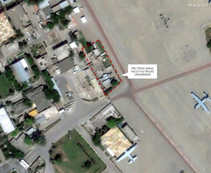 Pre-strike image from April 25 of the Nur Khan air base shows undamaged trucks. With inputs: Damien Symon