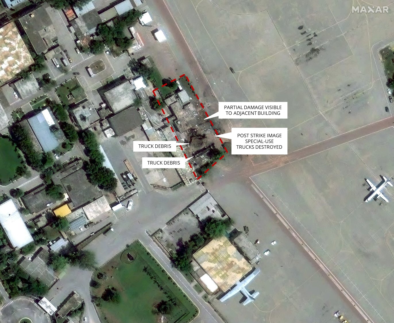 Post-strike image from May 10 shows damage truck debris and partial damage visible to an adjacent building. With inputs Damien Symon
