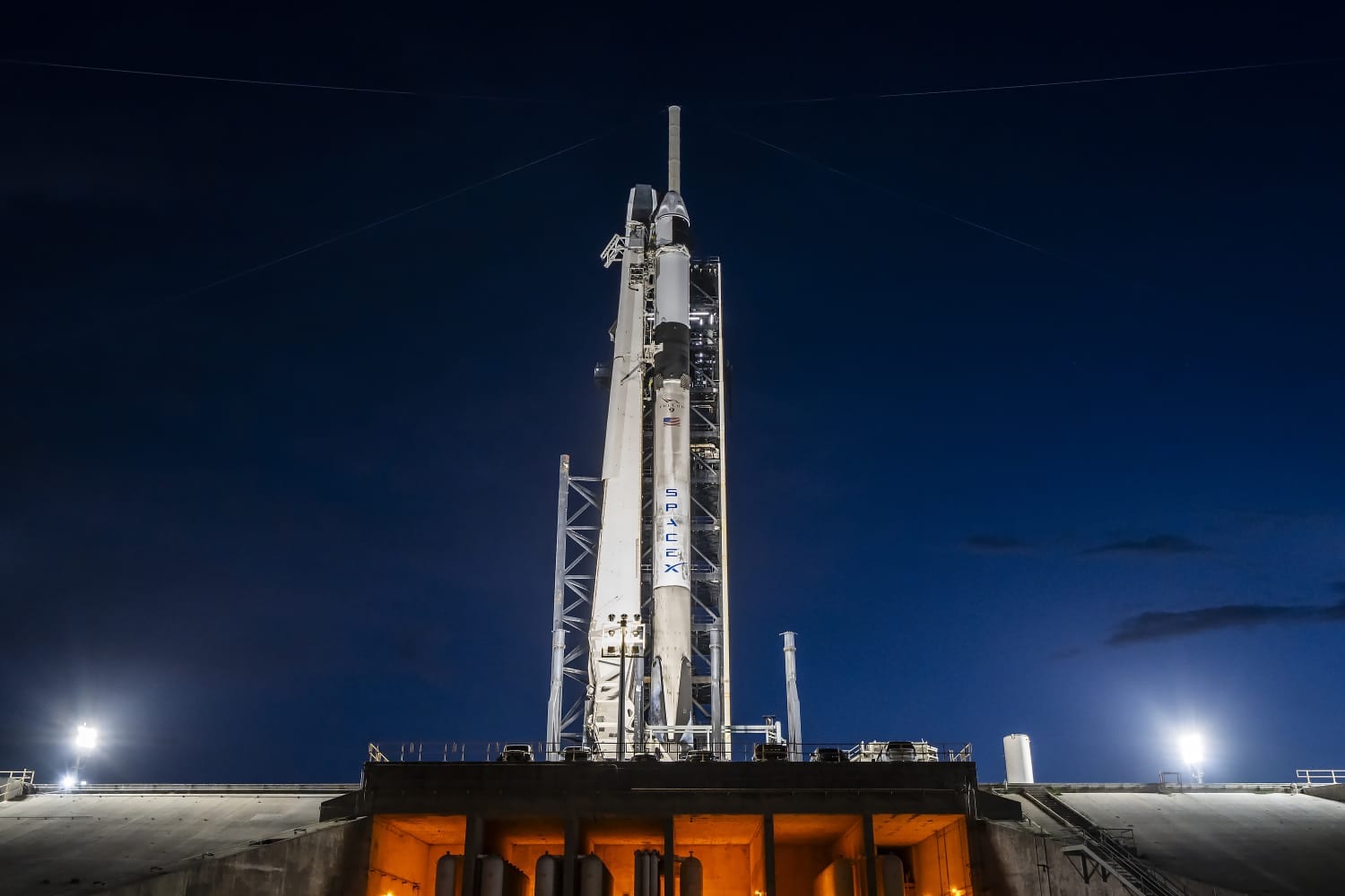 SpaceXs Falcon-9 rocket at the launch pad. The launch vehicle will carry the Axiom-4 mission astronauts