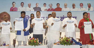 Congress President Mallikarjun Kharge, LoP in the Lok Sabha Rahul Gandhi, LoP in the Bihar Assembly Tejashwi Yadav and other leaders during the launch of 'Ati Pichda Nyay Sankalp', in Patna. (PTI Photo) Mahagathbandhan's EBC push ahead of Bihar polls: Alliance releases 10-point 'Nyay Sankalp Patra' - details
