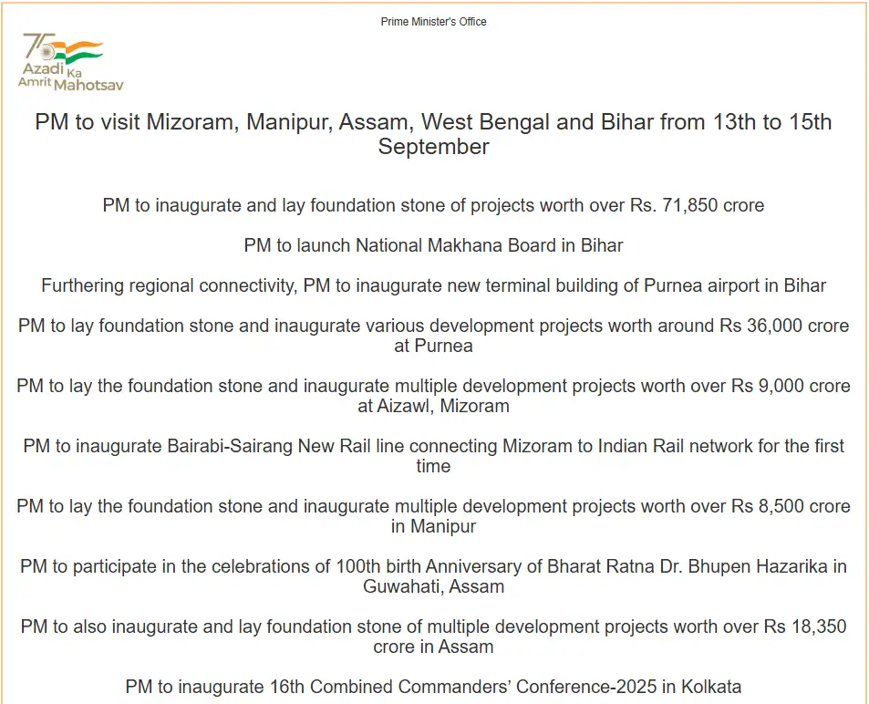 PM to visit five States from September 13 to 15