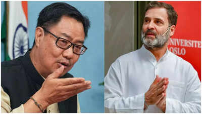 Kiren Rijiju and Rahul Gandhi (File photo) 'Show me one LoP who ... ': Kiren Rijiju slams Rahul Gandhi's remarks in Colombia; rebuts Congress