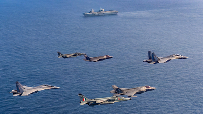 Photo shared by IAF on X ‘Collective commitment to regional stability’: IAF, Royal Navy hold exercise over Indian Ocean - pics