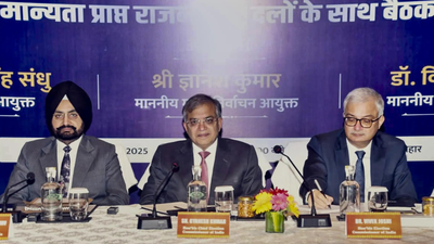 CEC Gyanesh Kumar, flanked by Election Commissioners Sukhbir Singh Sandhu & Vivek Joshi, chairs a meeting with 12 recognised political parties of Bihar in Patna on Saturday Bihar elections: BJP seeks 2-phase polls; ally JDU says finish it at one go