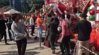 A Christmas decoration being vandalised in Raipur 'Less than 1% Christians': VHP, Bajrangdal oppose construction of Church in Gurugram; follows Christmas vandalism