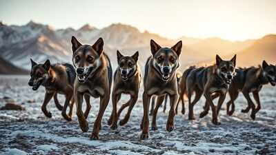 Lean, feral dogs move with predatory intensity across a snow-dusted desert, Ladakh's stark peaks looming behind. Ladkah: On the roof of the world, feral dogs hunt down Ladakh’s rare species