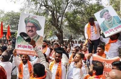 BJP activists protest against Maharashtra Congress chief Harshwardhan Sapkal's remarks equating Chhatrapati Shivaji Maharaj with Tipu Sultan outside Congress Bhavan, in Pune. (PTI photo) From remark to retreat: Why Shivaji Maharaj–Tipu Sultan comparison sparked row - explained