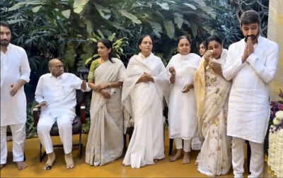 Maharashtra deputy CM Sunetra Pawar with son Jay Pawar, NCP (SP) chief Sharad Pawar and others during a ceremony to pay tribute to former deputy chief minister Ajit Pawar (PTI) Pawar visits Sunetra at home, reignites reunification buzz