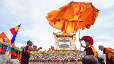 Leh, Apr 29 (ANI): Buddhists monks perform rituals as Holy Relics of Tathagata Buddha, arrives at Leh airport, in Leh on Wednesday. (@lg_ladakh X/ANI Photo) Sacred Piprahwa relics of Buddha reach Ladakh as Leh marks Buddha Purnima