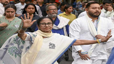 Kolkata: West Bengal Chief Minister and Trinamool Congress supremo Mamata Banerjee with RJD leader Tejashwi Yadav and others during a roadshow amid the ongoing West Bengal Assembly elections, in Kolkata. (PTI Photo) Didi’s clarion call: Queue up once more, teach BJP lesson