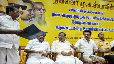 Chennai: DMK President MK Stalin along with other senior party leaders during a meeting of the party's newly elected MLAs-designate at Anna Arivalayam, the party headquarters, in Chennai. ‘Failed to change its political character’: DMK slams Congress, passes resolution over TVK support