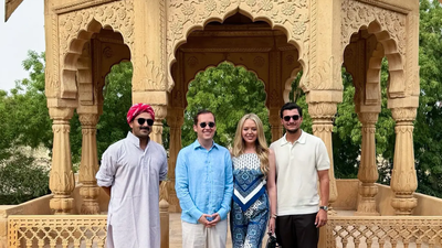 US Ambassador to India Sergio Gor with Tiffany Trump and his son-in-law Michael Boulosm during their visit to Sonar Fort US President Donald Trump’s daughter Tiffany visits Jaisalmer’s Sonar Fort