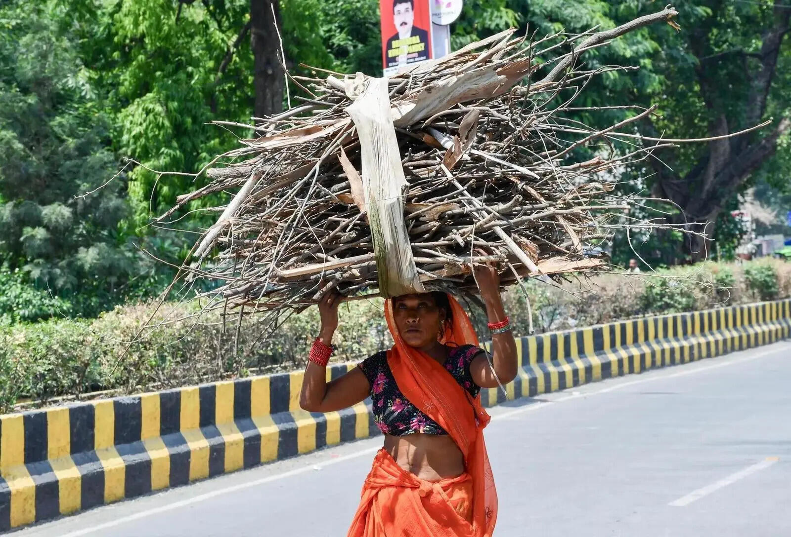 Prayagraj, May 15 (ANI)_ A woman carries a bundle of wood on her head in the sum....