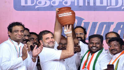 Rahul Gandhi holds a clay pot during a public rally in support of party candidate for Thuraiyur constituency Lenin Prasath in Tiruchirappalli district. (PTI) Tamil Nadu assembly elections 2026: Why it's no win for Congress even if DMK+ wins