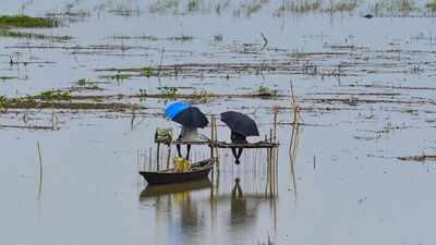 People sit on a temporary bamboo platform over a flooded area after a substantial rise in the Brahmaputra river water level. (Photo credit: PTI) Assam floods: Railway bridge partially collapses in Dhemaji; iron bridge washed away in Jonai