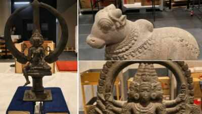 A ceremonial metal trident bearing the image of Goddess Bhadrakali, a stone idol of Nandi and a stone idol of six-headed Kartikeya (Image credit: ANI) Bhadrakali, Nandi & Kartikeya: Australia announces repatriation of three ancient Indian artefacts during PM Modi's visit