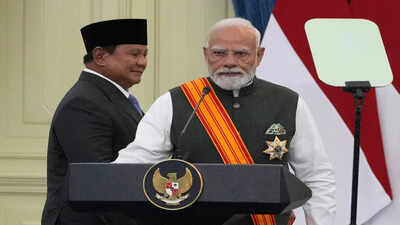 India's Prime Minister Narendra Modi, right, and Indonesia's President Prabowo Subianto arrive for a joint press conference following their meeting, at Merdeka Palace in Jakarta, Indonesia. (AP Photo/PTI) PM seeks UNSC reforms, inclusive development; Indonesia backs India’s zero-tolerance terrorism policy but stops short of naming Pak groups