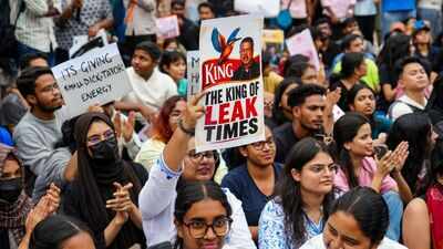 CJP supporters raise slogans during a protest demanding the Dharmendra Pradhan's resignation NEET irregularities. (PTI photo) 'Will monitor throughout the year': SC assures 'institutionalisation' of NEET reforms