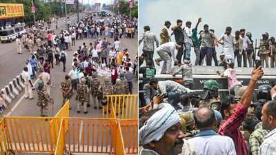 MP farmers breach barricades, march towards CM Mohan Yadav's residence over moong MSP. (PTI images) MP farmers breach barricades, reach within 1 km of CM Mohan Yadav's residence over moong MSP