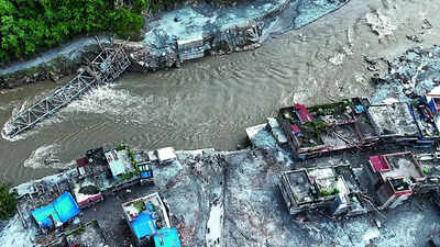 An aerial view of damaged structures covered in thick mud and debris following the flash floods at Devighat in Nepal’s Nuwakot Flash floods put focus on India's glacial lakes