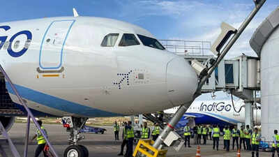 Srinagar: Ground staff attend to an IndiGo aircraft after flight 6E 225 (VT-NOG), operating from Navi Mumbai to Srinagar, hit a pole while being parked at Srinagar airport (PTI Photo). IndiGo aircraft hits parking stand pole at Srinagar airport
