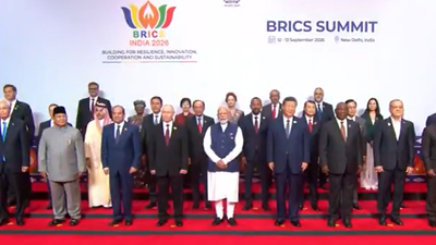 Brics summit day 2: PM Modi, Putin, Xi join world leaders at Bharat Mandapam for family photo - Video