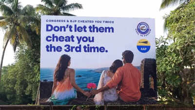 Hoardings featuring the Aam Aadmi Party (AAP) and Goa Forward Party (GFP) along Goa’s highways. Amid AAP-GFP alliance buzz ahead of Kejriwal's visit, Goa Cong says talks on with Sardesai's outfit